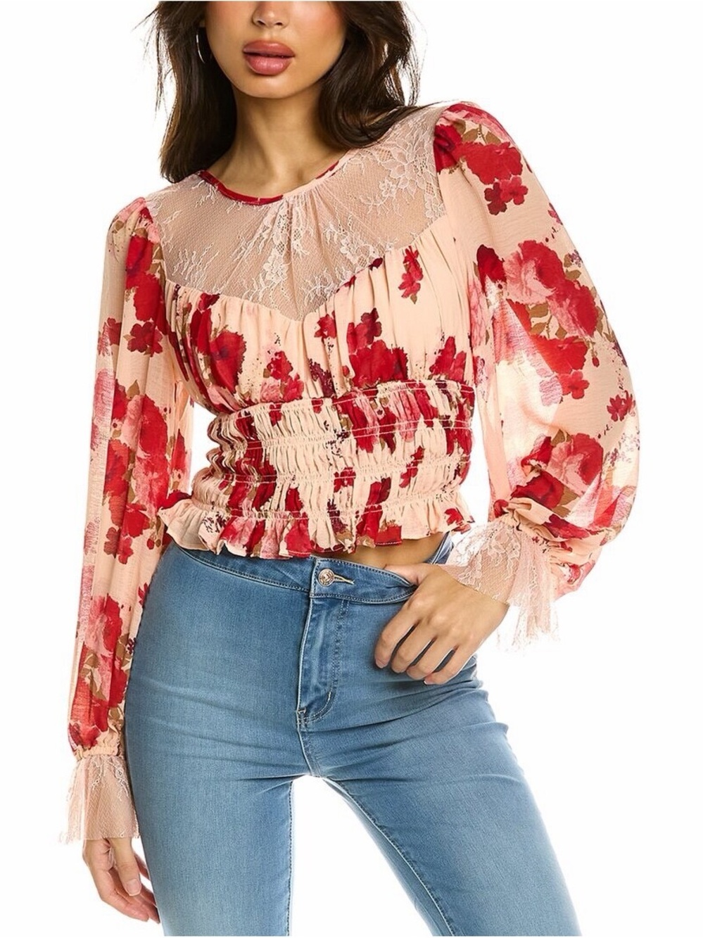 LIKE NEW Free People Women’s Daphne Floral Chiffon Lace Cropped Blouse